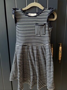 Rachel Riley Navy & White Striped Flutter Sleeve Dress - 2T